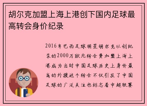 胡尔克加盟上海上港创下国内足球最高转会身价纪录